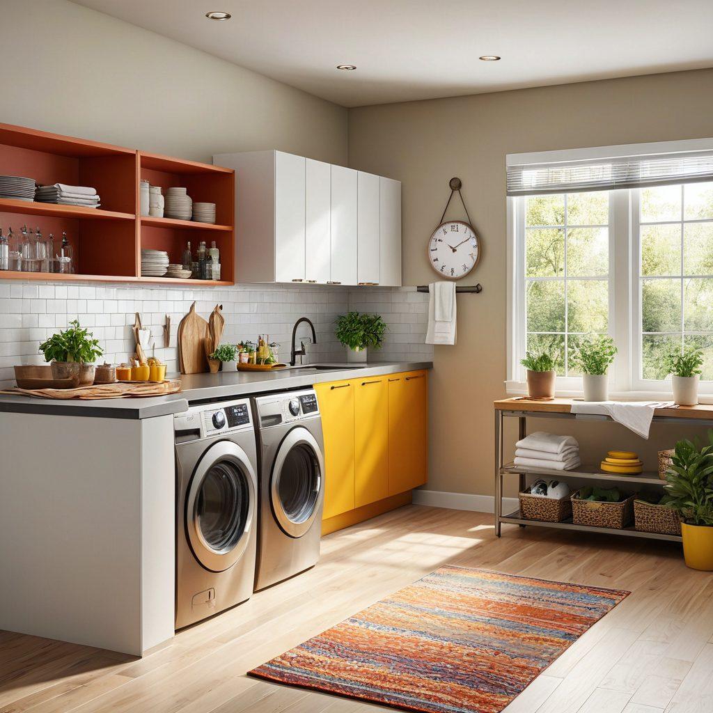 A modern kitchen and laundry room side by side, showcasing sleek appliances, vibrant decor, and organizational upgrades. The kitchen features a large island with stylish stools, while the laundry area has a bright, functional design with neatly arranged shelves and a folding table. Natural light streams in through large windows, enhancing the inviting atmosphere. Countertops adorned with fresh herbs and laundry baskets add a touch of homeliness. super-realistic. vibrant colors. 3D.